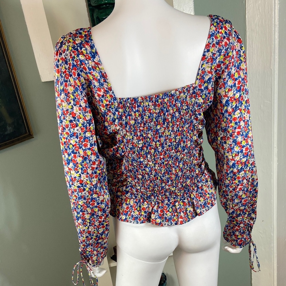 H&M Peplum Floral Blouse Smocked Top Shirt Medium M Peasant Long Sleeve Ruched - Picture 6 of 13